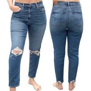 American Eagle Soft Knit Distressed Mom Jean Medium Wash Stretch Denim Size 4